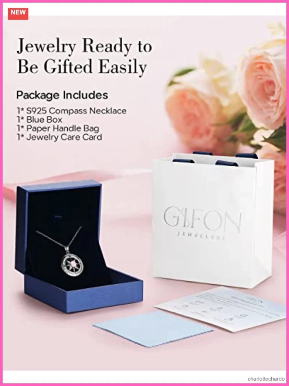 S925 Sterling Silver Compass Pendant Necklace Cubic Zirconia Anniversary Gift
